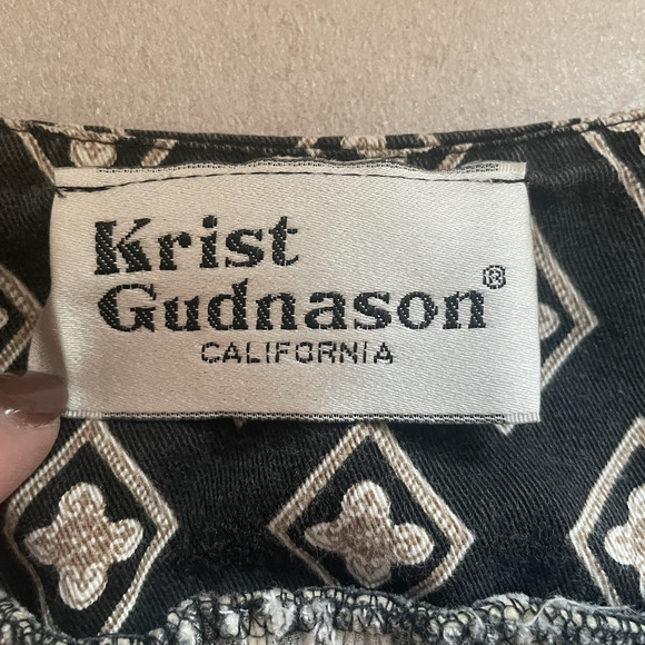 Vintage 70s Krist Gudnason California Dress Women Medium Black White Tan Floral - Picture 7 of 10